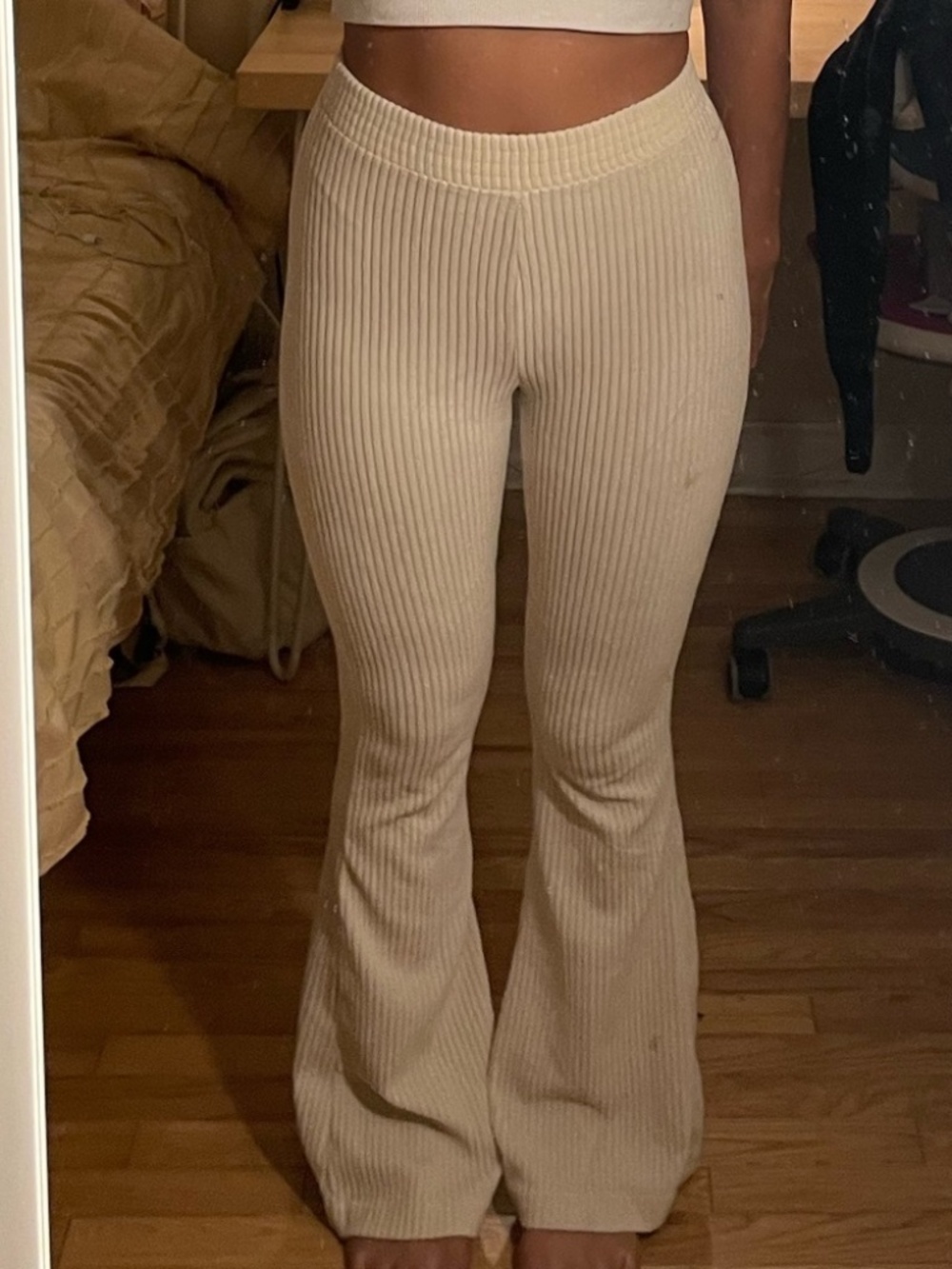 Aerie Cream Ribbed High Waisted Flare Pants Women’s Medium Soft Lounge Boho
